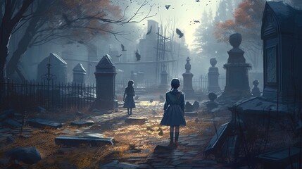 ghostly graveyard doomed children, digital art illustration, Generative AI