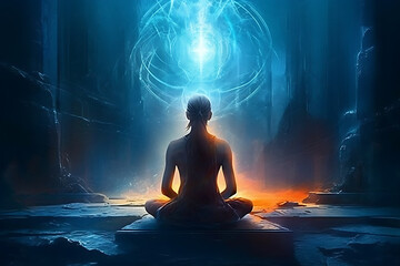 Mental meditation and energy healing futuristic style, Yoga cosmic space meditation illustration, silhouette of man practicing outdoors at night, generative ai