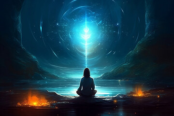 Mental meditation and energy healing futuristic style, Yoga cosmic space meditation illustration, silhouette of man practicing outdoors at night, generative ai