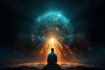 Fototapeta na wymiar A man in meditation in front of an explosion with a light shining before him, Universe, cosmos. Meditation background, chakras, prana, the mind of God and spirituality. Generative AI