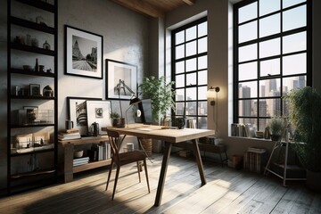 Fototapeta na wymiar Sleek loft workspace with blank poster, furnishings, natural light, and urban scenery. Rendered in 3D. Generative AI