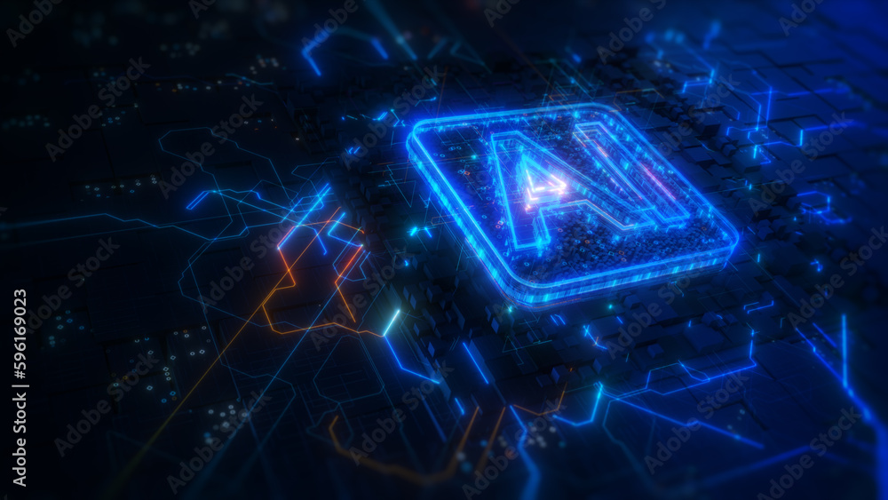 Poster artificial intelligence ai on circuit board. future technology concept visualization. big data trans