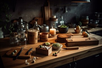 Fototapeta na wymiar A modern and sustainable lifestyle with clean wooden table, utensils, cooking and rustic background for organic cuisine. Generative AI