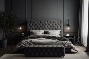 A monochromatic bedroom with a gray bed, black headboard, and white pillows against a neutral gray wall. Generative AI