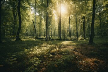 Panoramic view of deciduous forest with sunlight filtering through foliage. Generative AI