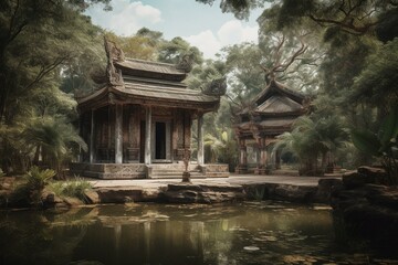 Watercolor of old temple near pond. Generative AI