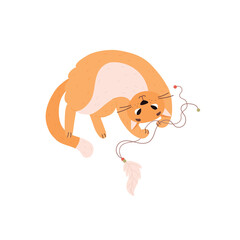Adorable cat playing with feather toy flat vector illustration isolated on white.