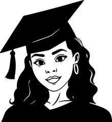 Black african american girl in graduation hat. Female student black silhouette. Vector illustration on white isolated background. Cartoon style. Good for packaging, posters, and social media.