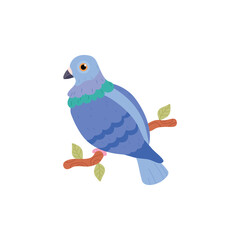 Cute pigeon sitting on tree branch with leaves, cartoon flat vector illustration isolated on white background.
