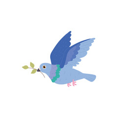 Flying blue pigeon holding twig with leaves in beak flat style