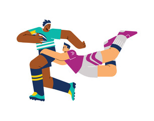 Fototapeta premium Rugby team players in motion flat cartoon vector illustration isolated on white.