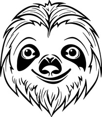 Sloth cute face. Cartoon style. Black and white illustration. Vector on white isolated background. Good for packaging, logo, and decor.
