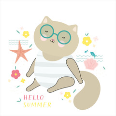 Summer Time Cute Cat. Design for Web, Mobile, Card, Sticker, T-Shirt, Textile Shopper Bag and Other Garment.