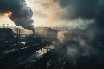 Industrial pollution with yellow grey smoke from factory smokestacks at perimeter. Generative AI