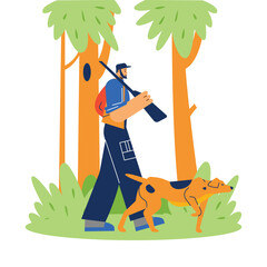 Smiling hunter man going with assistance dog flat style