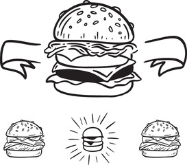 Set of logo, labels and stamp for hamburger, burger. Simple and minimal design.