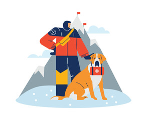 Search and rescue dog in snowy mountains, flat vector illustration isolated on white background.