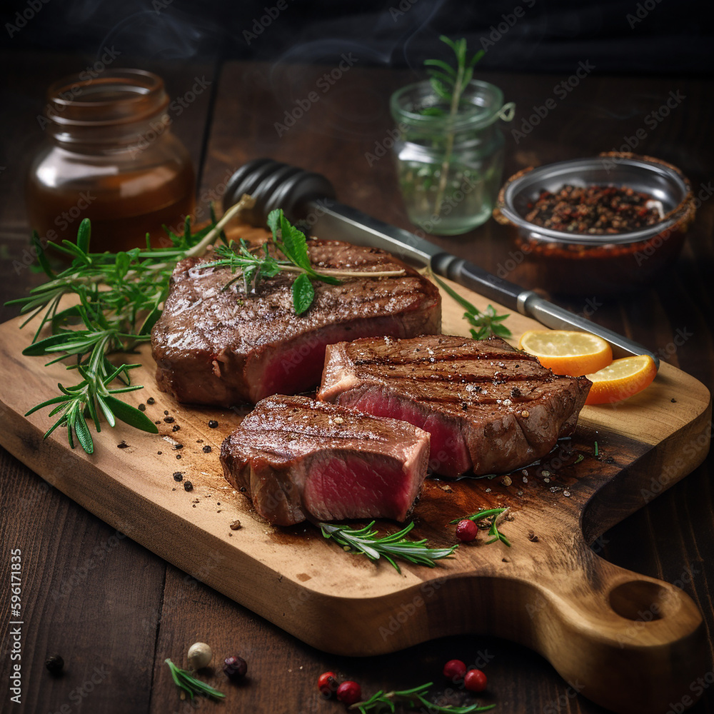 Wall mural juicy grilled steak with herbs and spices on rustic cutting board. Barbecue