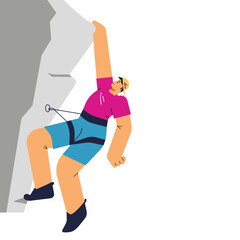 Man climber climbing the edge of cliff, cartoon vector illustration isolated.
