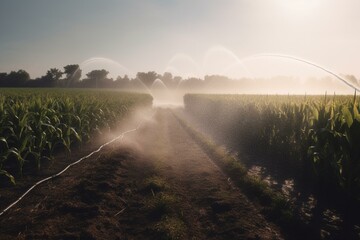 Irrigated spring cornfield with sprinklers watering plants. Generative AI