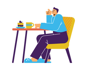 Pensive man dreaming during breakfast, flat vector illustration isolated on white background.