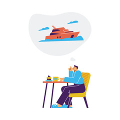 Eating boy in slippers dreaming about yacht trip flat style