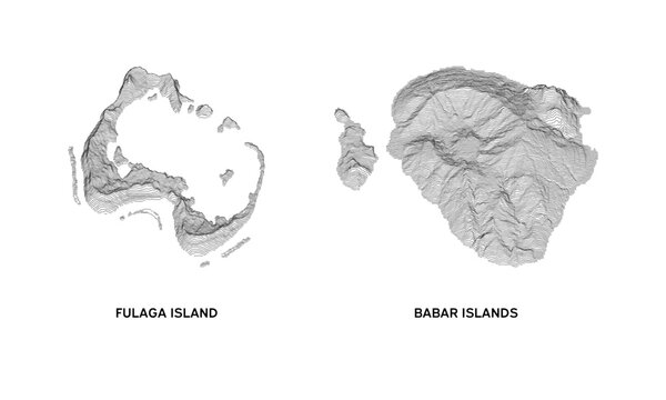 Fulaga and Babar Islands in 3D topography map, vector contour.