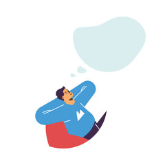 Relaxed man dreaming about something, empty thought bubble, flat vector illustration isolated on white background.