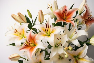 Obraz na płótnie Canvas Lilies in bouquet, isolated on white background. Flat lay with copy space. Generative AI