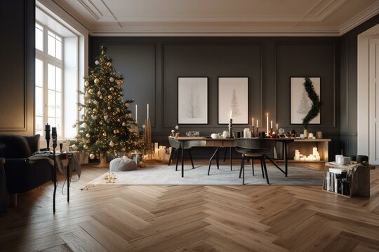 Scandinavian-style living room decorated for Christmas with tree, presents, wall/poster/canva/frame mockups. 3D-rendered image. Generative AI