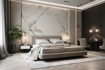 Spacious bedroom with marble slabs & central bed. Neutral beige color scheme & plain walls. Luxurious. Generative AI