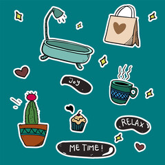 Hand drawn me time sticker set vector illustration