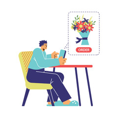 Man ordering bouquet of flowers online, flat vector illustration isolated on white background.