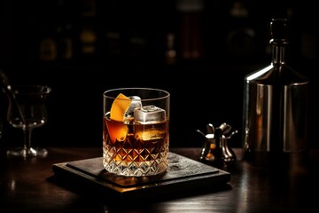 A Godfather cocktail made with scotch whiskey, amaretto liqueur, and ice on a black bar counter with steel tools and copy space. Generative AI