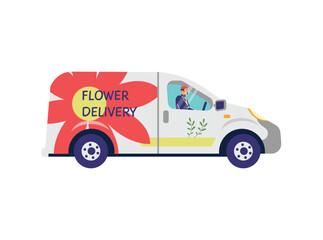 Flower delivery truck, flat vector illustration isolated on white background.
