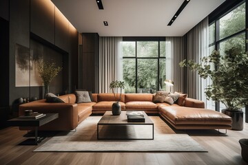 Contemporary living room with high ceiling, minimalistic design and warm color scheme. Generative AI