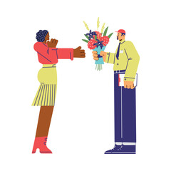 Delivery man giving flower bouquet happy woman flat style