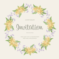 Fresh yellow flowers wreath floral wallpaper template background bouquet. Botanical flower and leaf branch for printing, business, greeting or wedding anniversary. Vector invitation card concept.