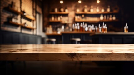 Empty wooden table for product display background, banner and product advertisement mock up with a beautiful bar behind, AI generative