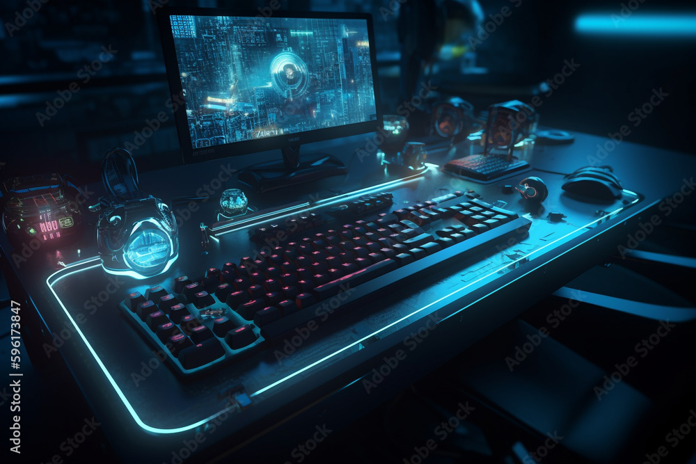 Poster computer monitor and computer gaming setup with illuminated keyboard and mouse, generative ai