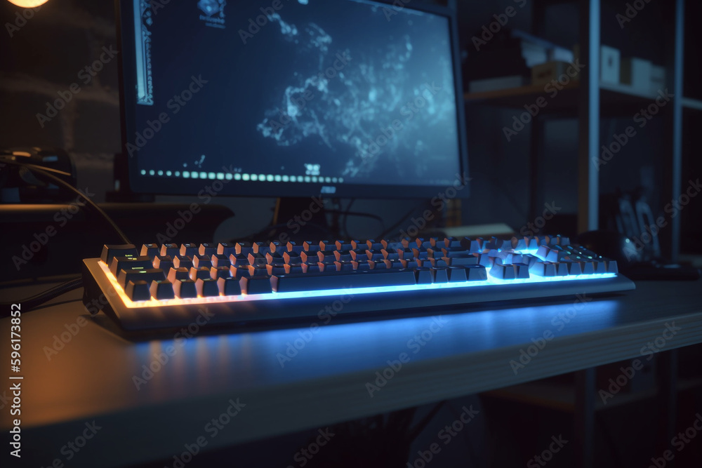 Poster computer monitor and computer gaming setup with illuminated keyboard and mouse, generative ai