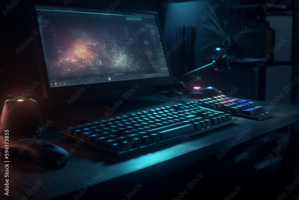 Poster gaming setup with illuminated keyboard and mouse, generative ai