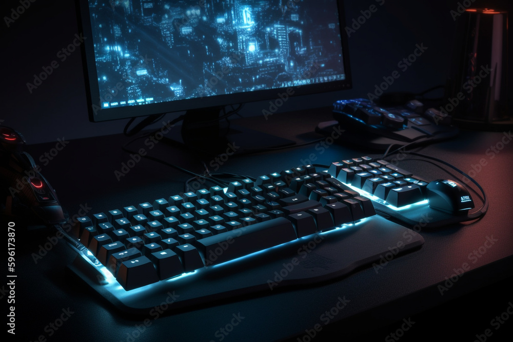 Poster gaming setup with illuminated keyboard and mouse, generative ai
