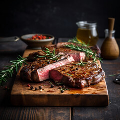 juicy grilled steak with herbs and spices on rustic cutting board. Barbecue