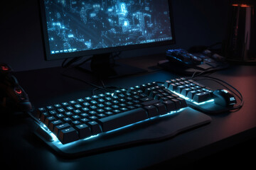 Gaming setup with illuminated keyboard and mouse,  Generative AI	

