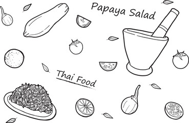 Vector hand drawing black line art on white background about papaya salad,one of the popular Thai food ingredients, papaya,chili,lime,tomato,used for cooking or bringing can offer about Thai food.