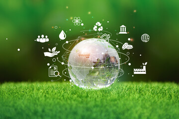 Glass globe in green forest with the icon environment of ESG, co2, circular company, and net zero. Technology Environment, Organization Sustainable development environmental.  - obrazy, fototapety, plakaty