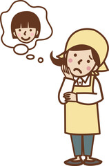 頬に手を当て、子どもの事を考える困った顔のエプロン姿の女性。