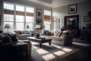Living room interior. Comfortable furniture, glass windows. AI generative