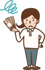 現金を持つ不満な顔の女性。